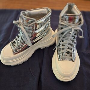 Alexander McQueen Silver and White Lace Up Boots